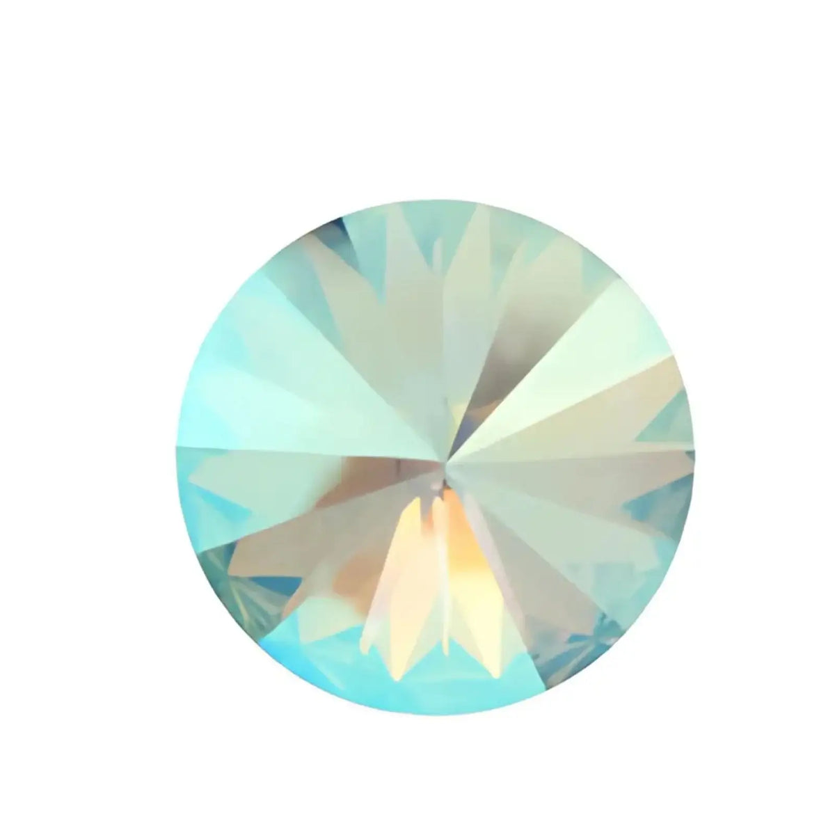 Close-up of a round cut aqua shimmer crystal with blue and yellow reflections