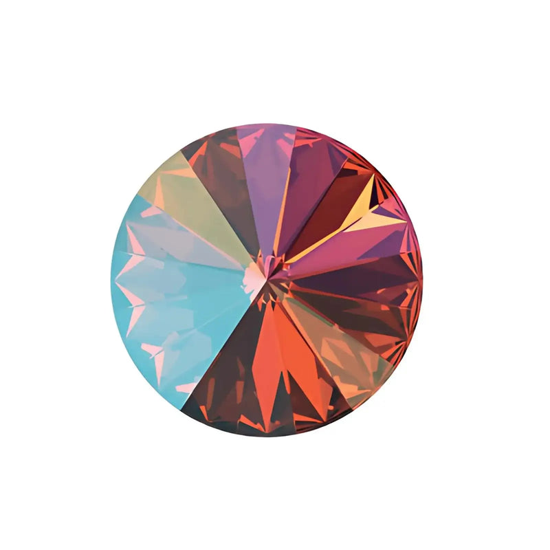 Round faceted gemstone with shimmering light siam and blue tones on white background