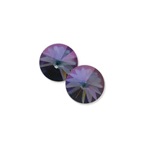 Pair of round sapphire iris mist crystal stud earrings with faceted floral design