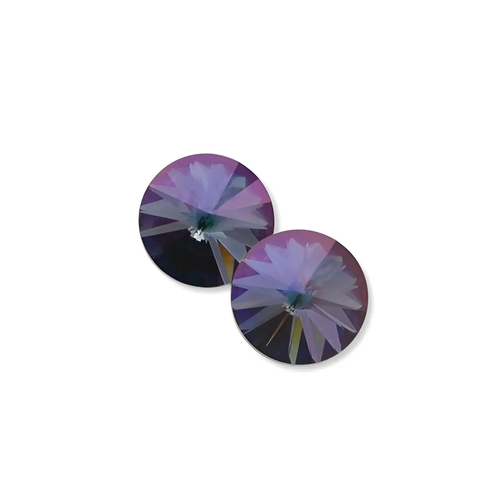 Pair of round sapphire iris mist crystal stud earrings with faceted floral design