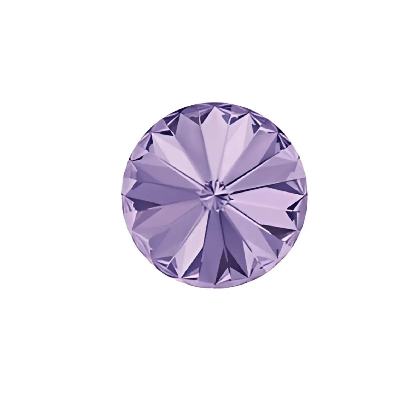 Round violet gemstone with intricate faceted cut on white background