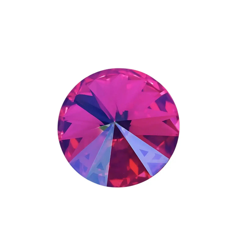 Round faceted gemstone with vibrant fuchsia and glacier blue colors on white background