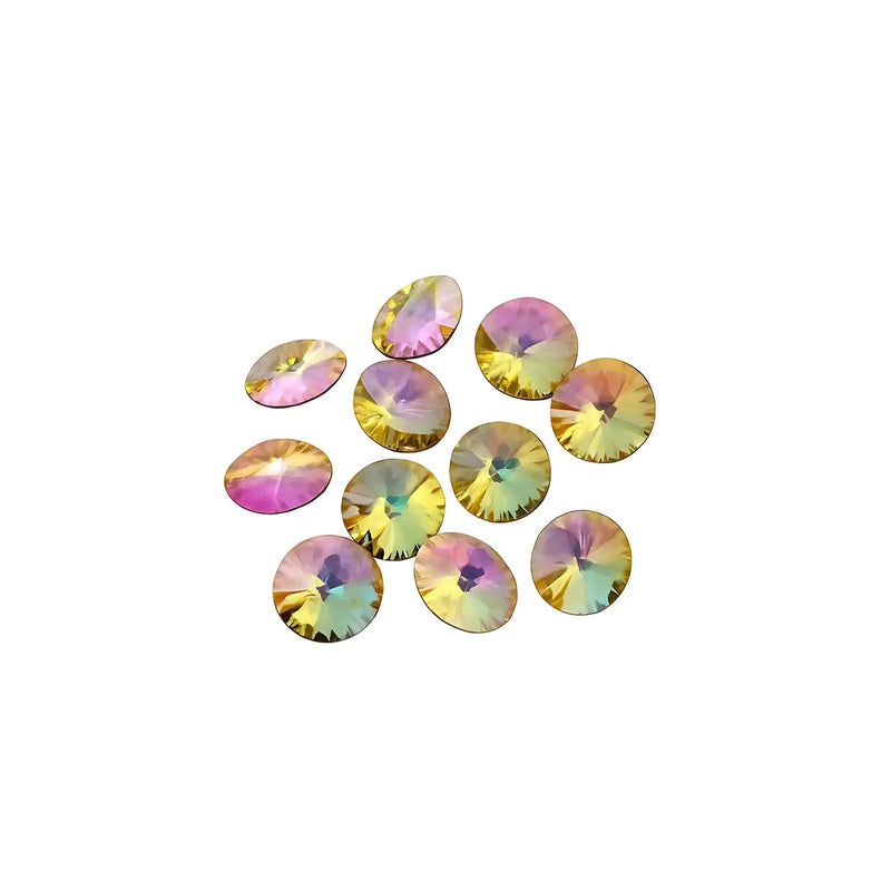 Round lemon-colored crystals with smoky mauve reflections on white background