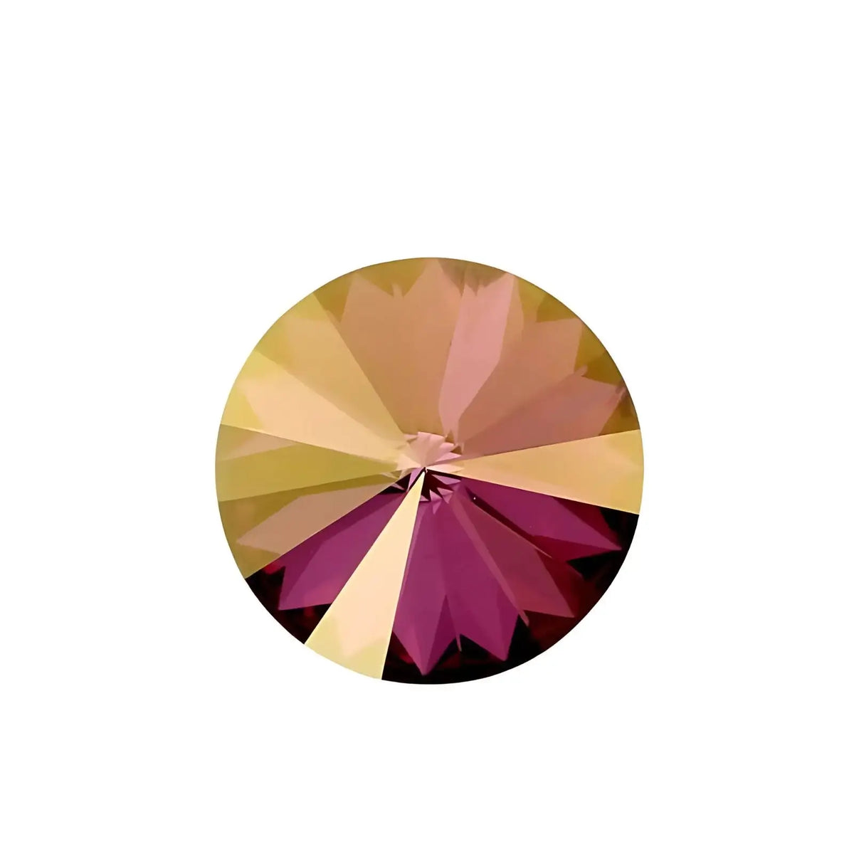 Round faceted gemstone with lilac and golden yellow shadow hues on white background