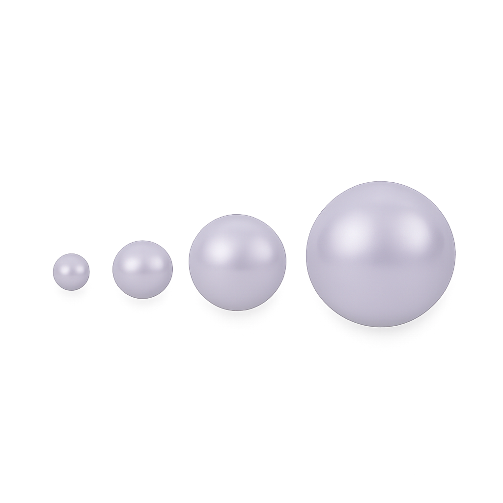Four lavender Swarovski pearls in graduated sizes , showing 3mm, 4mm, 6mm, and 8mm size comparison