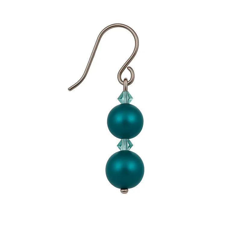 Single dangle earring with two teal pearl beads and small blue crystal accents on silver hook