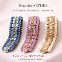 Three beaded bracelets in blue, pink, and beige with gold accents on a light background, featuring the brand 'Hélios par PUCA PARIS'.
