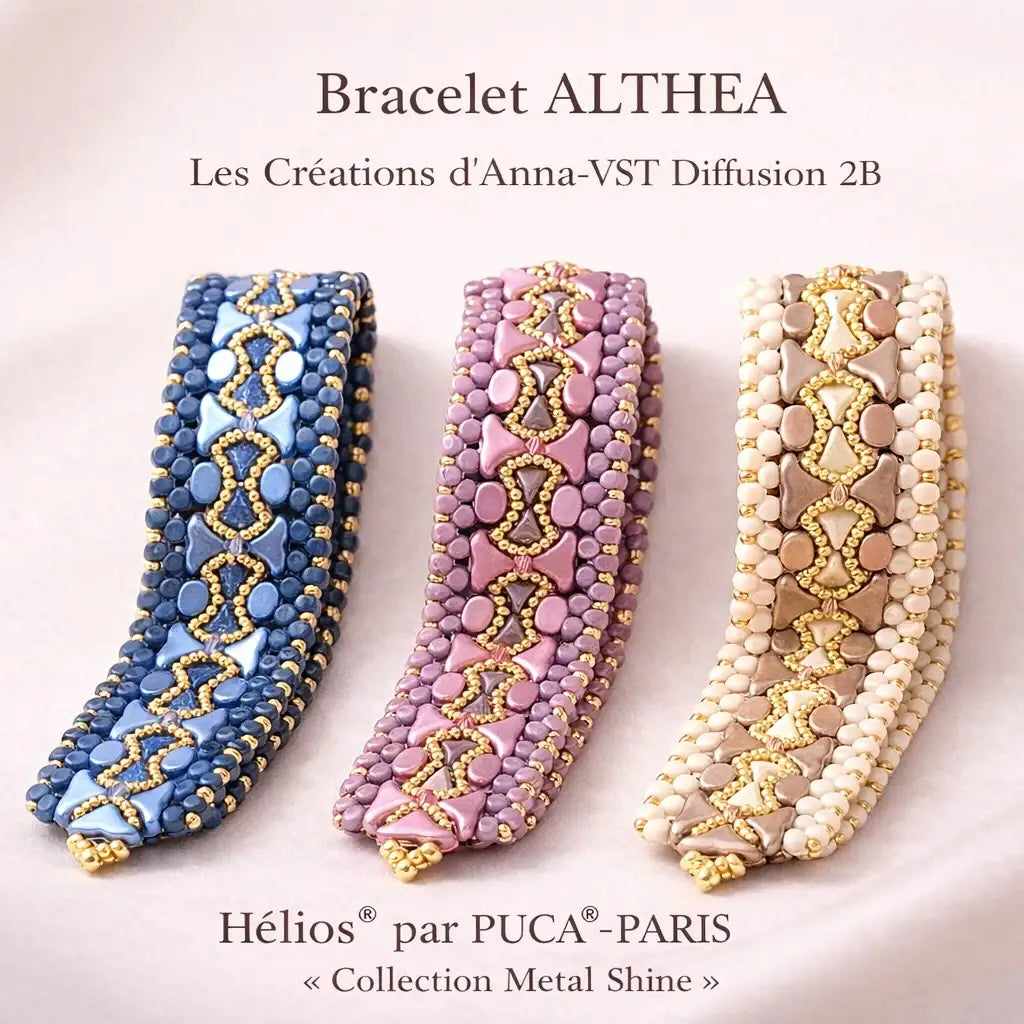 Three beaded bracelets in blue, pink, and beige with gold accents on a light background, featuring the brand 'Hélios par PUCA PARIS'.