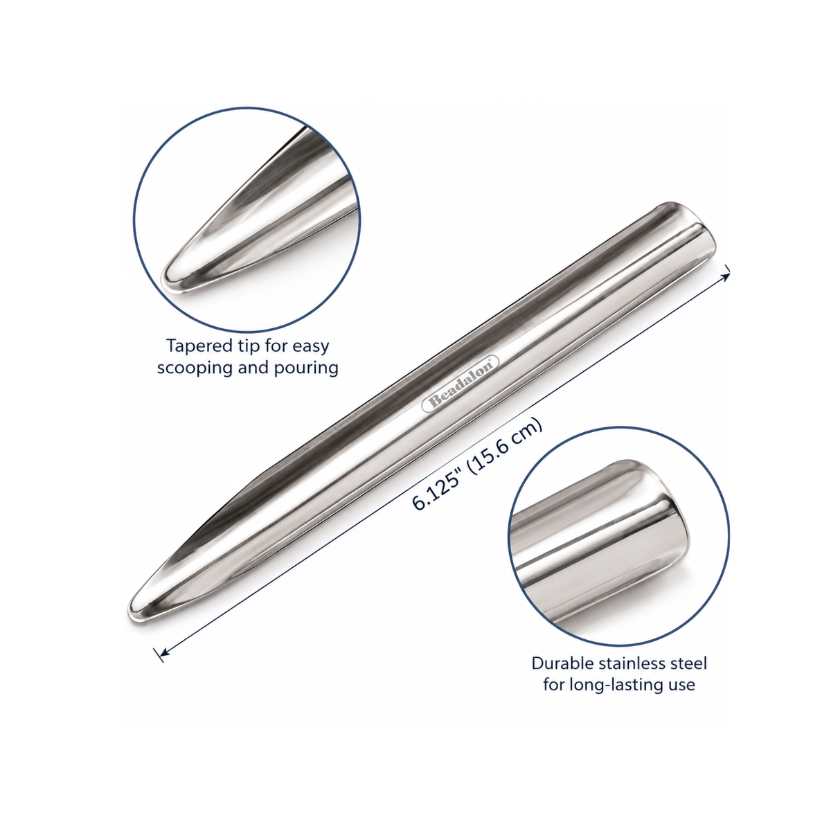 Beadalon stainless steel bead scoop measuring 6.125 inches (15.6 cm), showing the tapered scooping tip and durable stainless steel construction