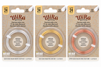 24 Gauge German-Style Round Wire in silver, gold and copper finishes, 12m spools in Beadsmith-style packaging illustration