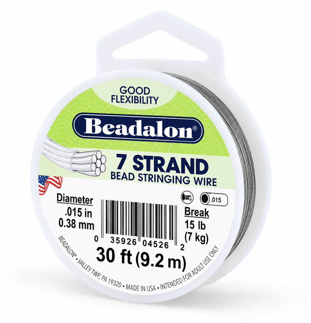A spool of Beadalon 7-strand bead stringing wire, 30 feet long, with a white plastic spool and a green and white label showing product details.