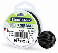 Beadalon 7-strand bead stringing wire spool in black, shown with a white plastic spool, printed label, and a circular inset close-up of the black wire texture on a white background.