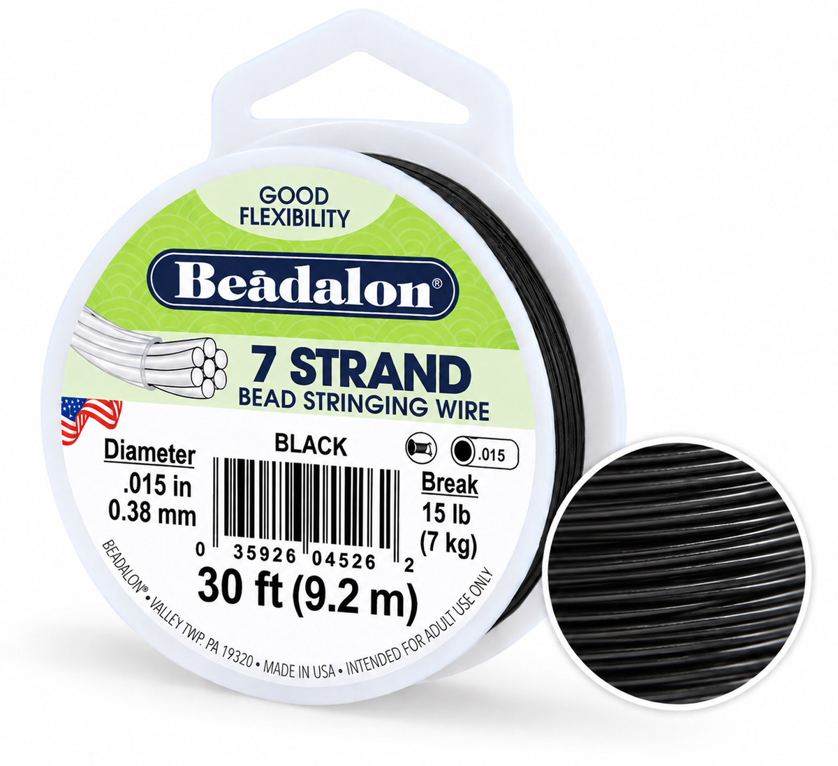 Beadalon 7-strand bead stringing wire spool in black, shown with a white plastic spool, printed label, and a circular inset close-up of the black wire texture on a white background.