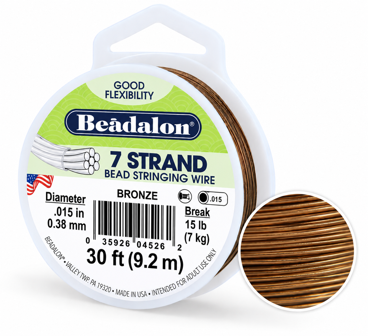 Beadalon 7-strand bronze bead stringing wire on a white plastic spool, shown with a circular inset close-up of the bronze wire texture on a white background.