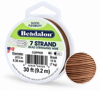 Beadalon 7 strand copper bead stringing wire, 30 ft (9.2 m), 15 lb, shown in a white plastic spool with a green and white label, alongside a circular inset showing the copper wire strands.