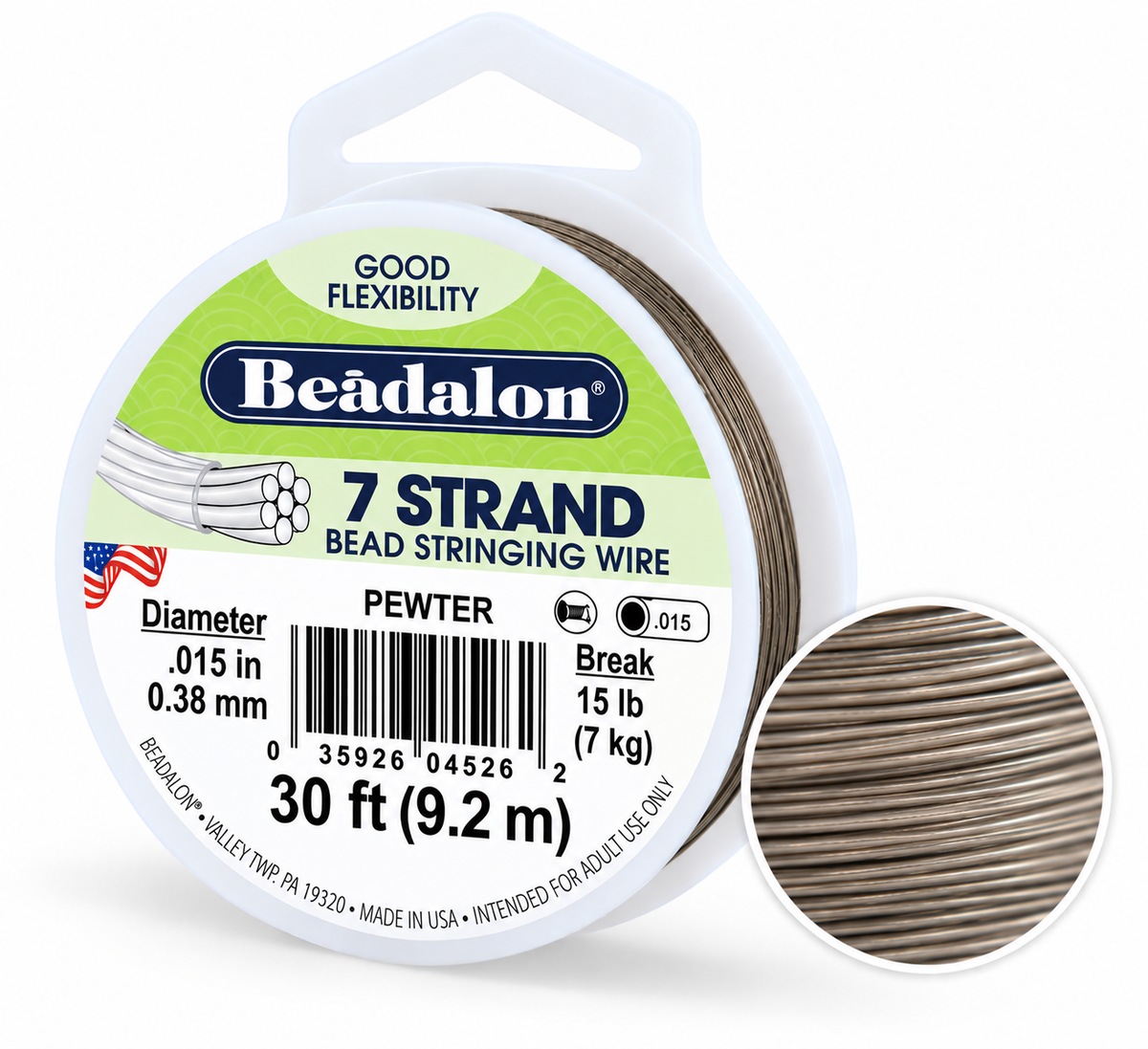 Beadalon 7 Strand Pewter Bead Stringing Wire spool with a white plastic container, featuring a green and white label, a 30 ft length, and a circular inset showing the wire texture.