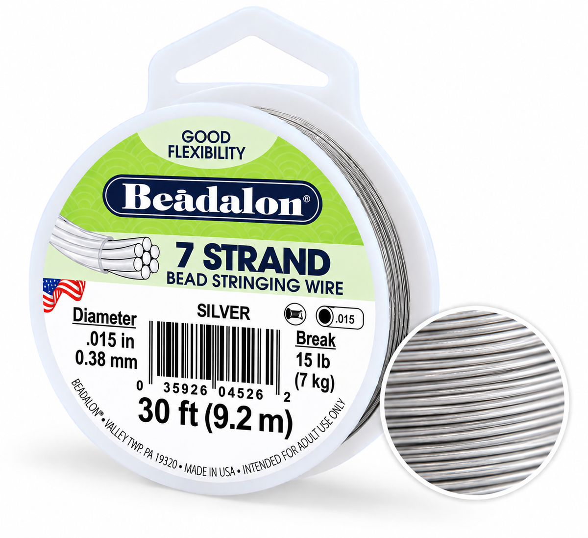 Beadalon 7 strand silver bead stringing wire on a white spool, with a circular inset showing the detailed texture of the silver wire strands.