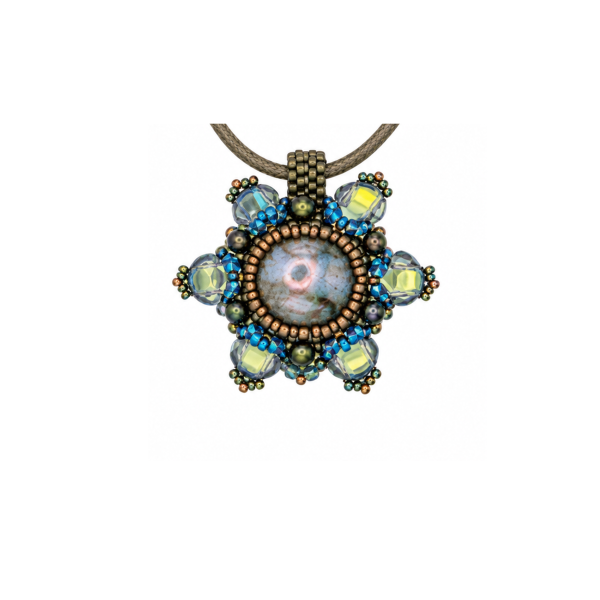 Blossom Pendant Bead Kit in Bluebell, floral beaded pendant with Ginko beads and 14mm cabochon