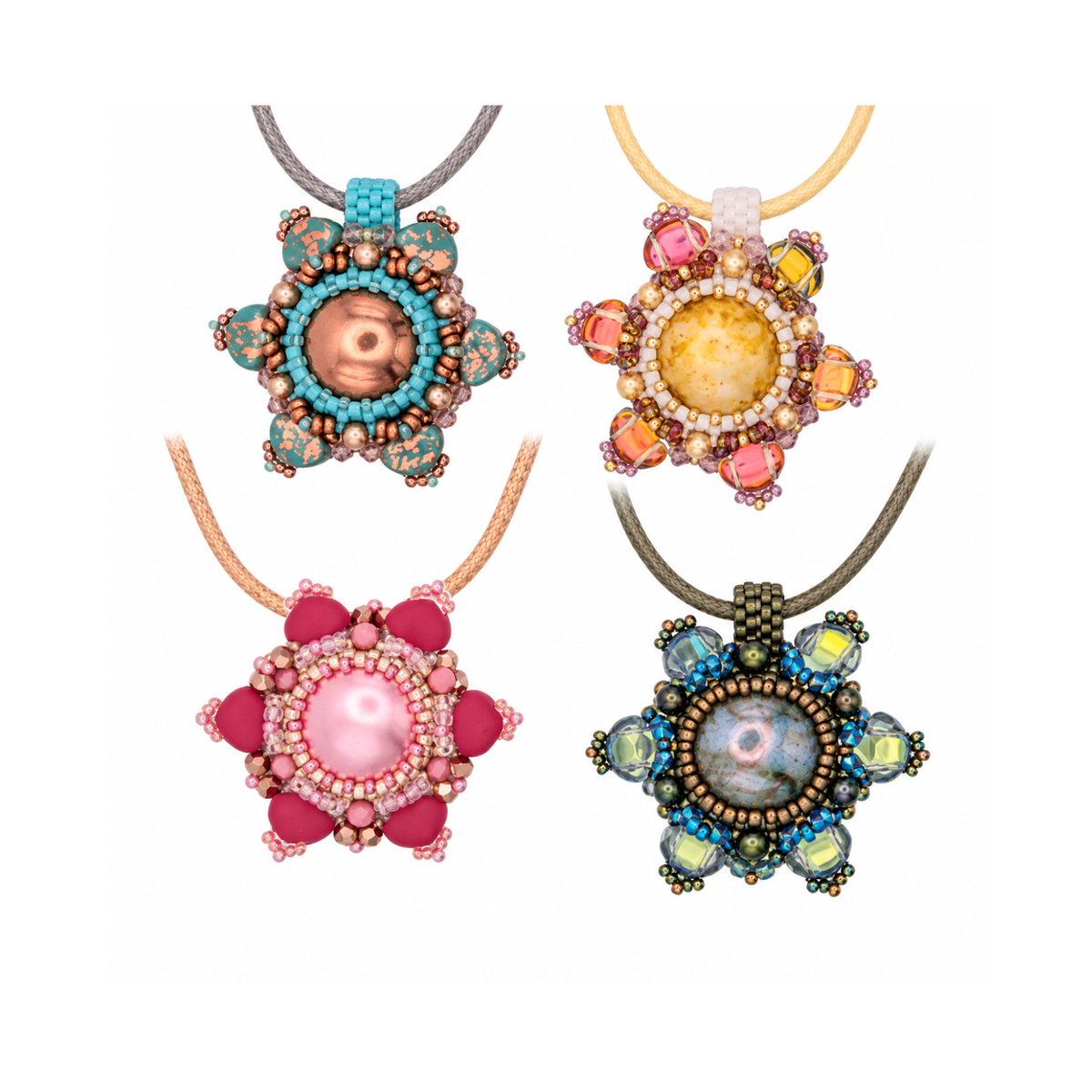 Blossom Pendant bead weaving pattern by Neeti Creates featuring Ginko beads, four colourful pendant designs