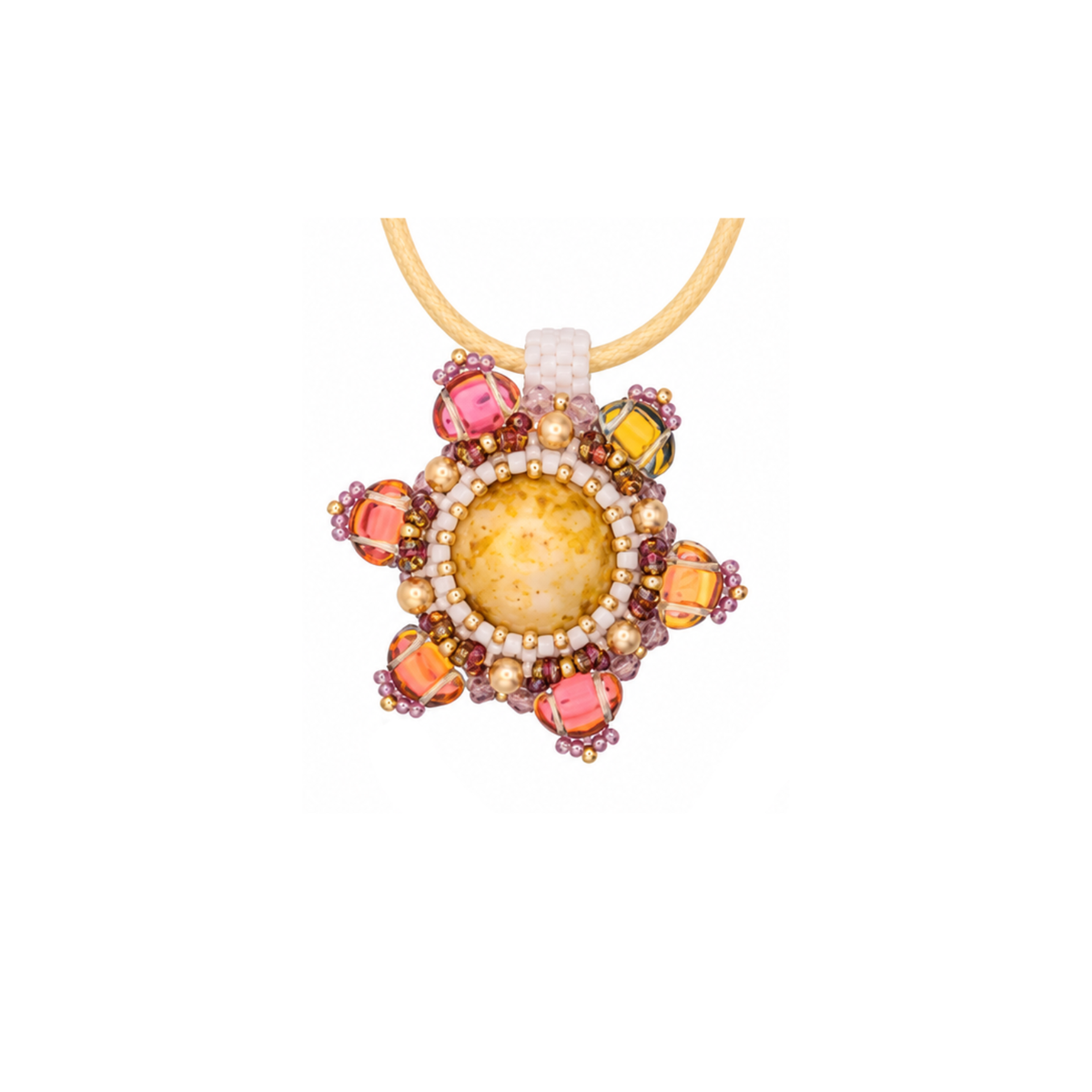 Blossom Pendant Bead Kit in Sunflower, floral beaded pendant with Ginko beads and 14mm cabochon