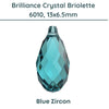 Brilliance 6010 Crystal Briolettes, Blue Zircon, 13x6.5mm