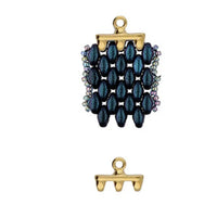 Jewelry clasp with blue beads and gold metal on a white background