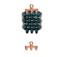 Jewelry charm with green beads and rose gold metalwork on a white background