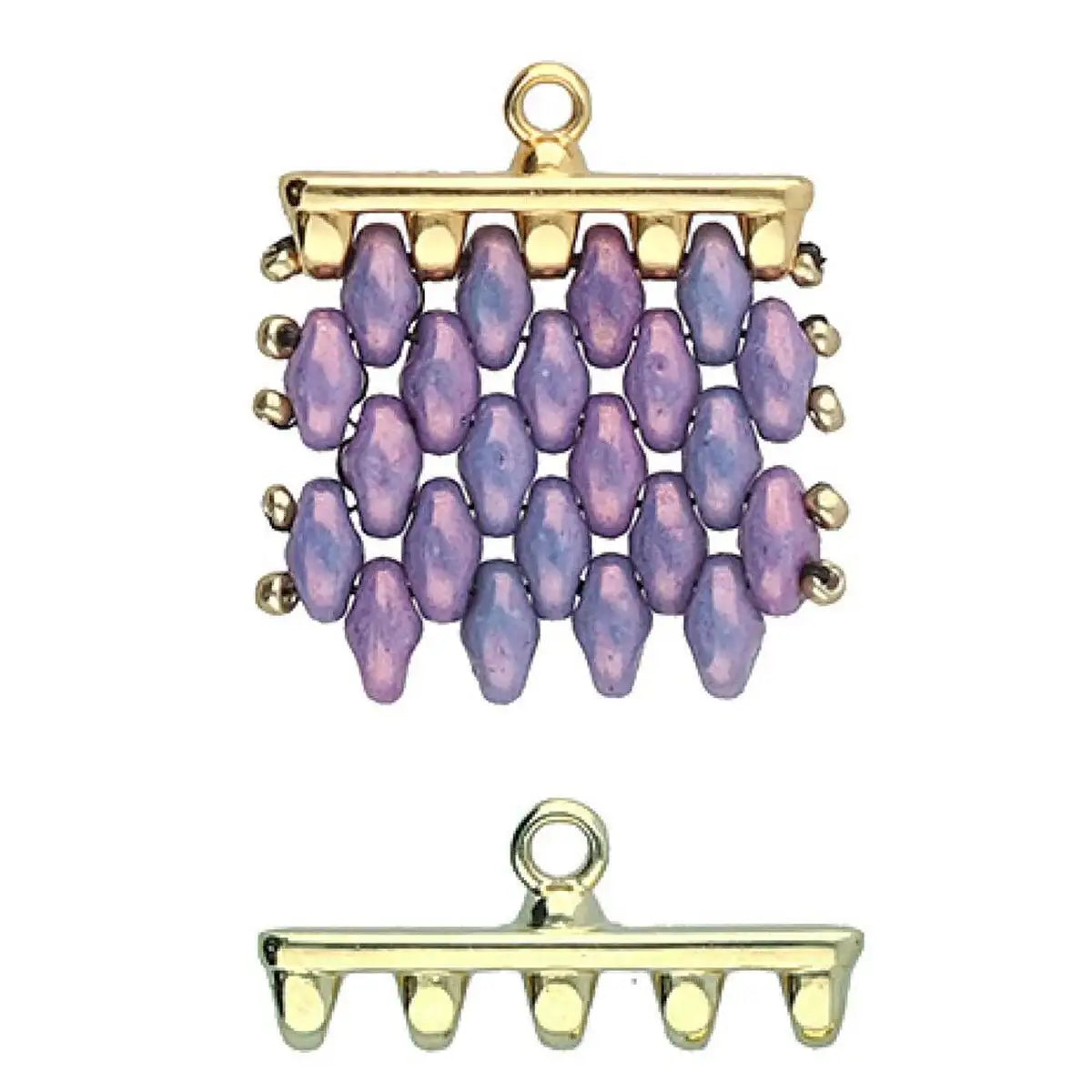 Jewelry clasp with purple beads and gold accents on a white background