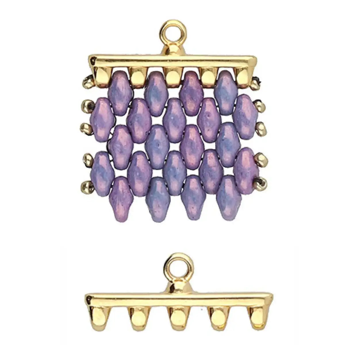 Gold and purple beaded connector on a white background