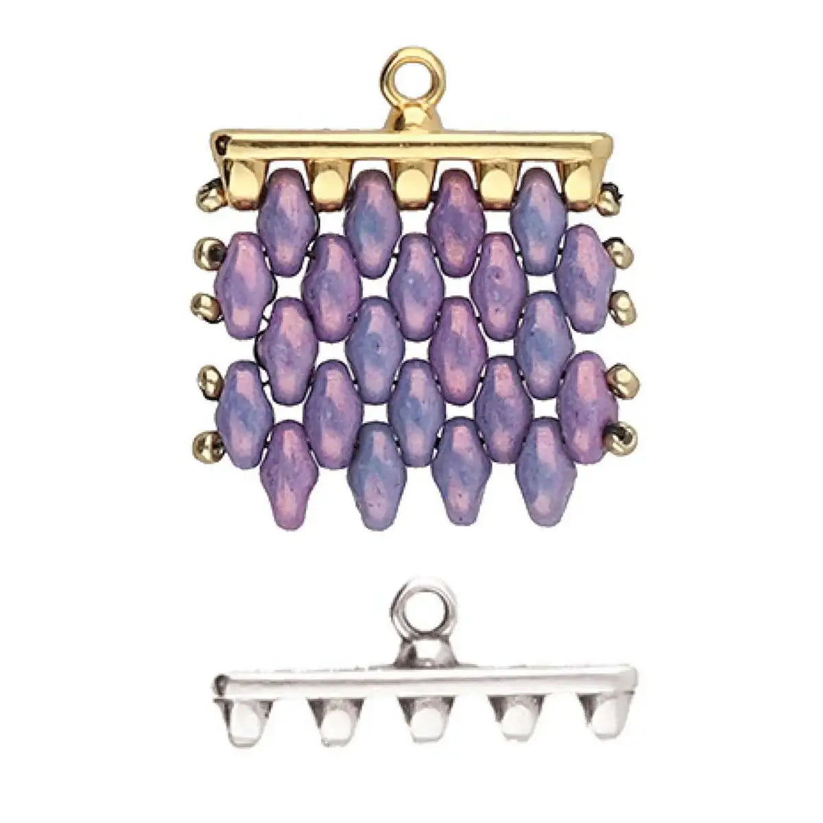Jewelry clasp with purple beads and gold and silver clasps on a white background