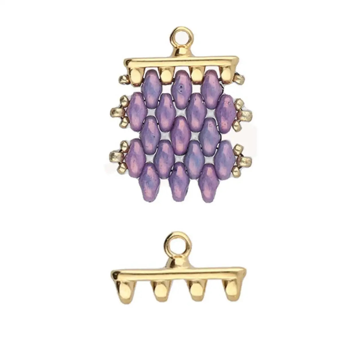 Gold and purple beaded pendant on a white background