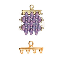 Gold and purple beaded pendant on a white background