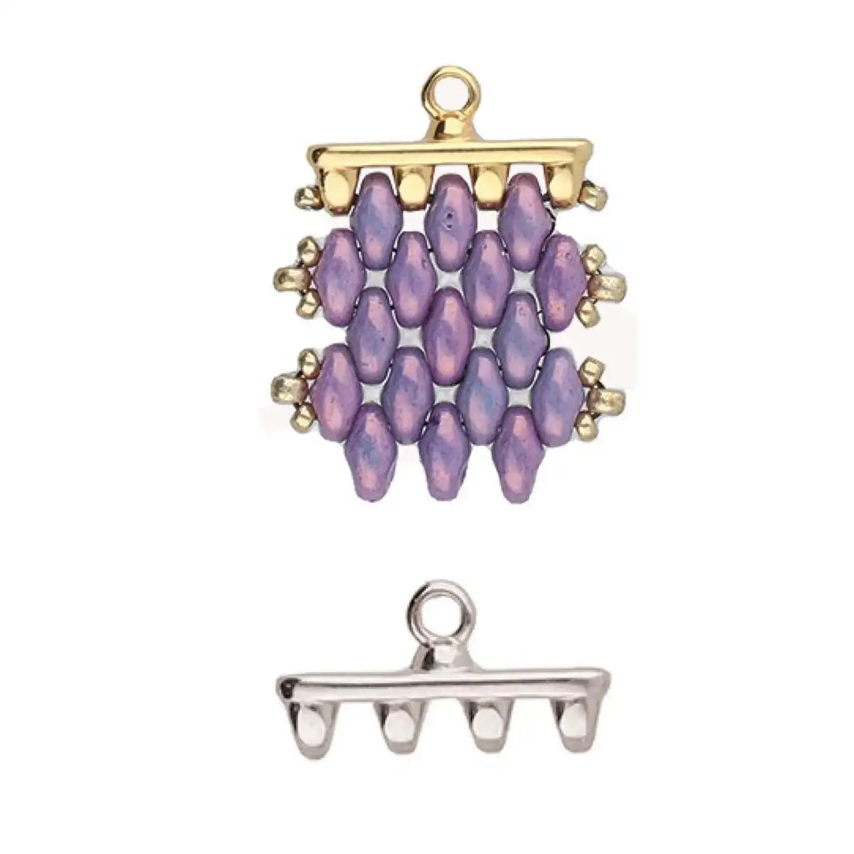 Jewelry clasp with purple beads and gold accents on a white background