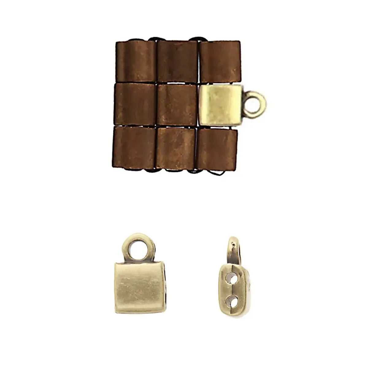 Brown metal clasp and two gold metal clasps on a white background