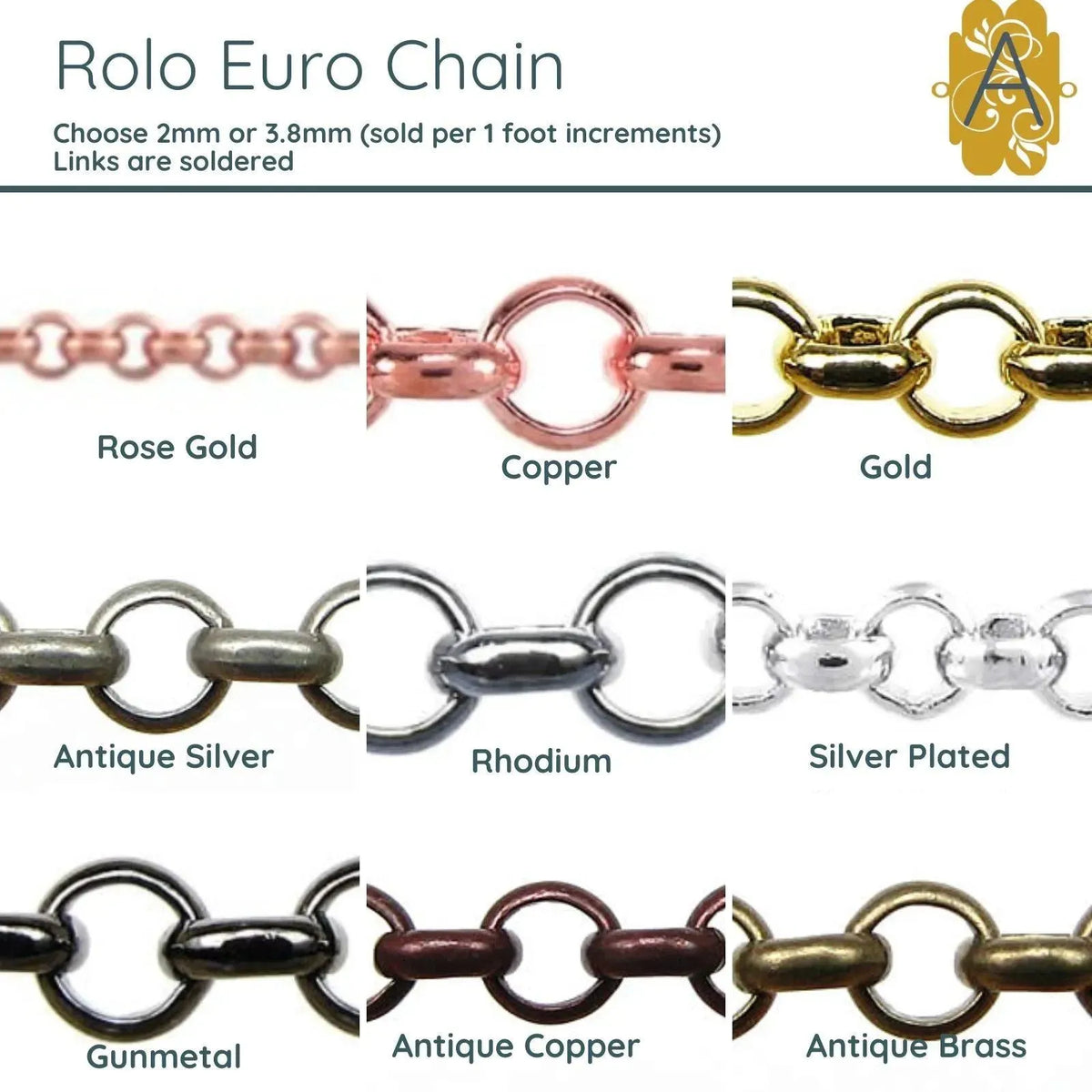 Rolo Euro Chain, 2mm or 3.8mm, 8 Finishes to Choose From - The Argus Collection