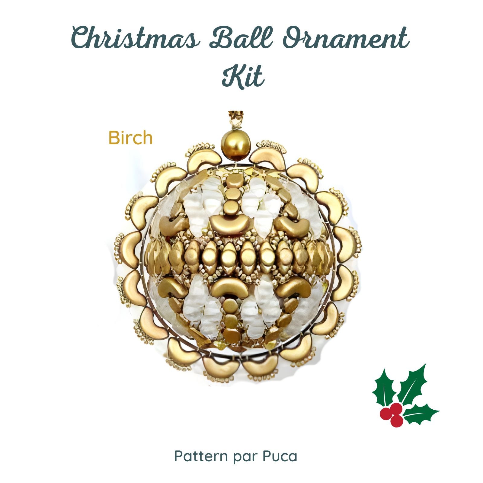 Christmas ball ornament kit with gold and white design on a white background