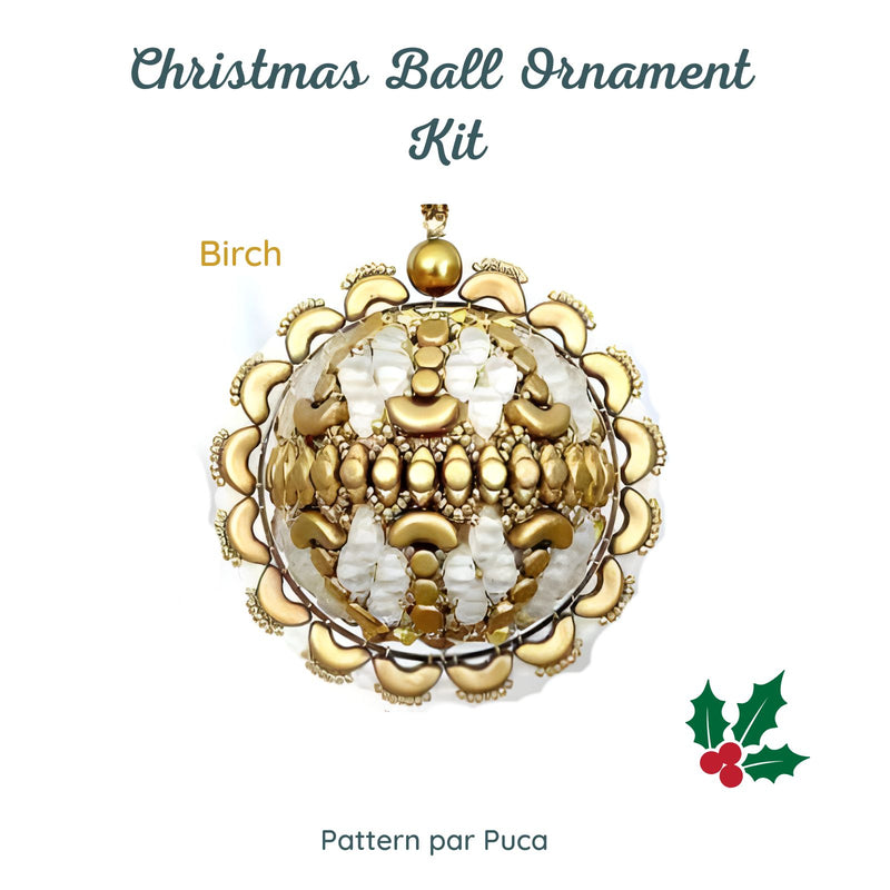Christmas ball ornament kit with gold and white design on a white background