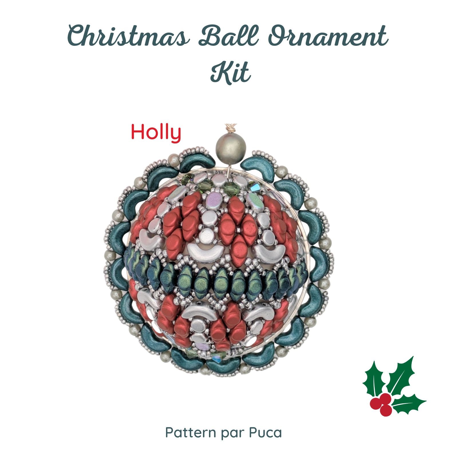 Christmas ball ornament kit with holly design on a white background
