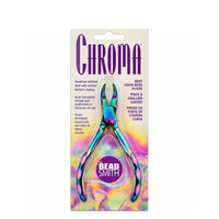 The Beadsmith Chroma Series Bent Chain Nose Pliers in original retail packaging, featuring rainbow titanium-coated stainless steel