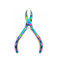 Chroma Series Bent Chain Nose Pliers by The Beadsmith featuring rainbow titanium-coated stainless steel, angled precision jaws and contoured handles on white
