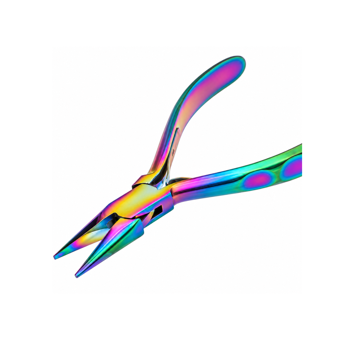 Side view of Chroma Series Chain Nose Pliers showing tapered gripping jaws, ergonomic handles and rainbow titanium finish