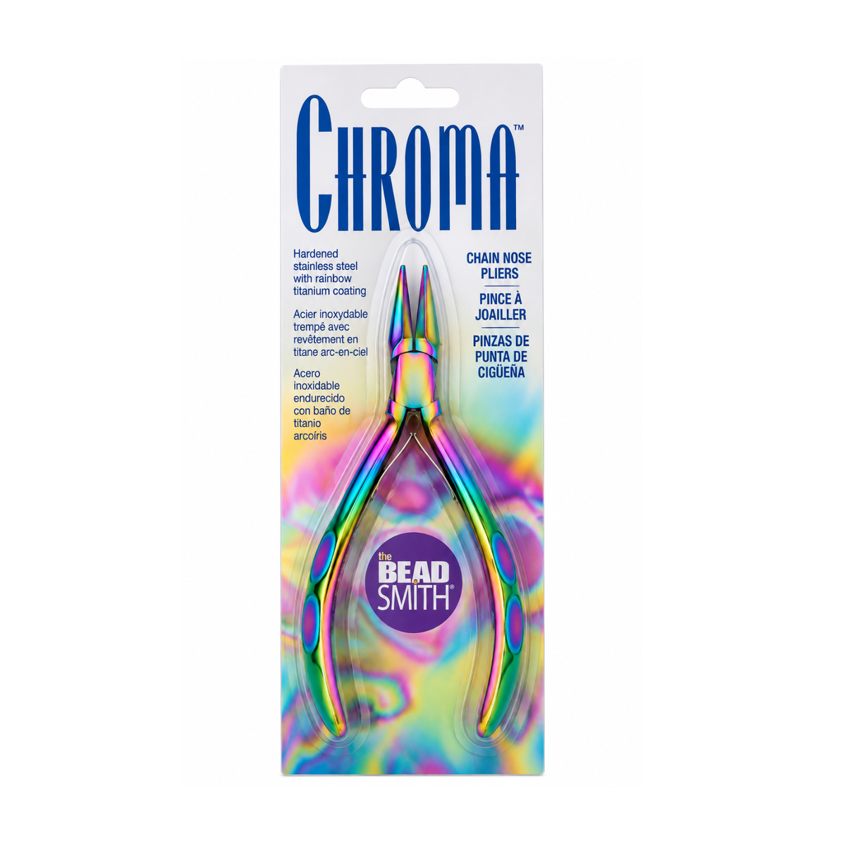 The Beadsmith Chroma Series Chain Nose Pliers in original retail packaging with rainbow titanium coating