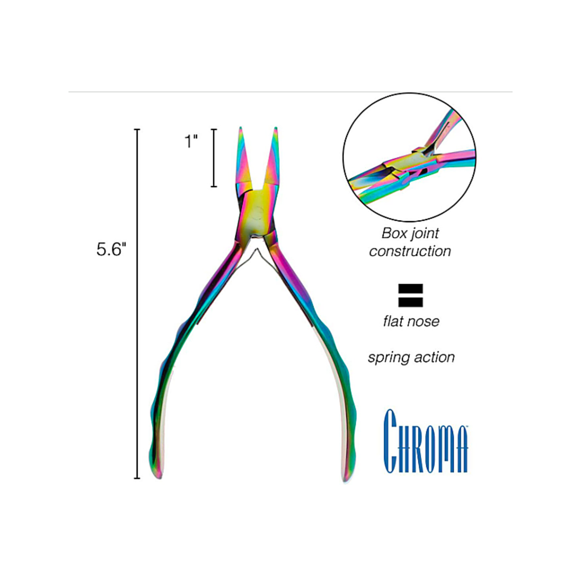 Chroma Series Flat Nose Pliers measuring 5.6 inches long with 1 inch jaws, box-joint construction and spring action