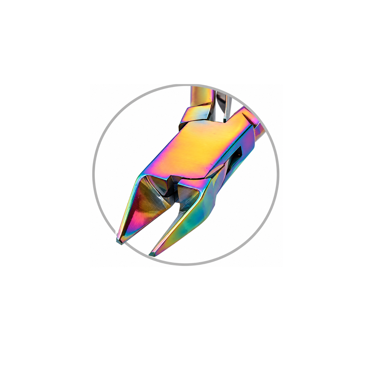 Close-up of Chroma Series Flush Cutter showing rainbow titanium finish and precision cutting jaws