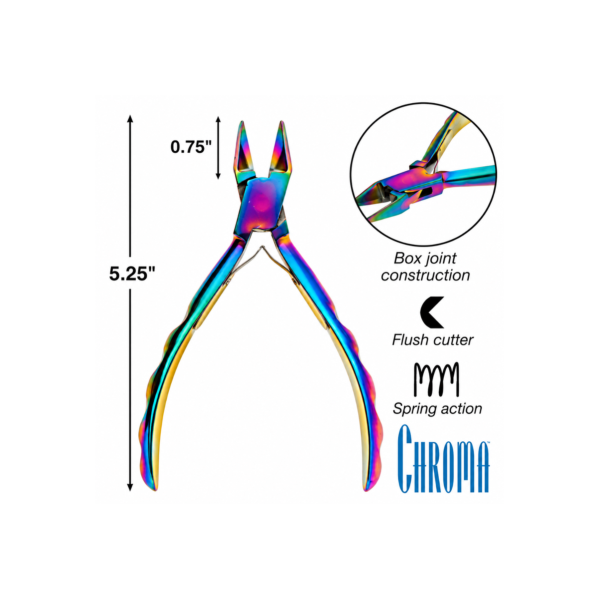 Chroma Series Flush Cutter measuring 5.25 inches long with 0.75 inch jaws, box-joint construction and spring-action handles