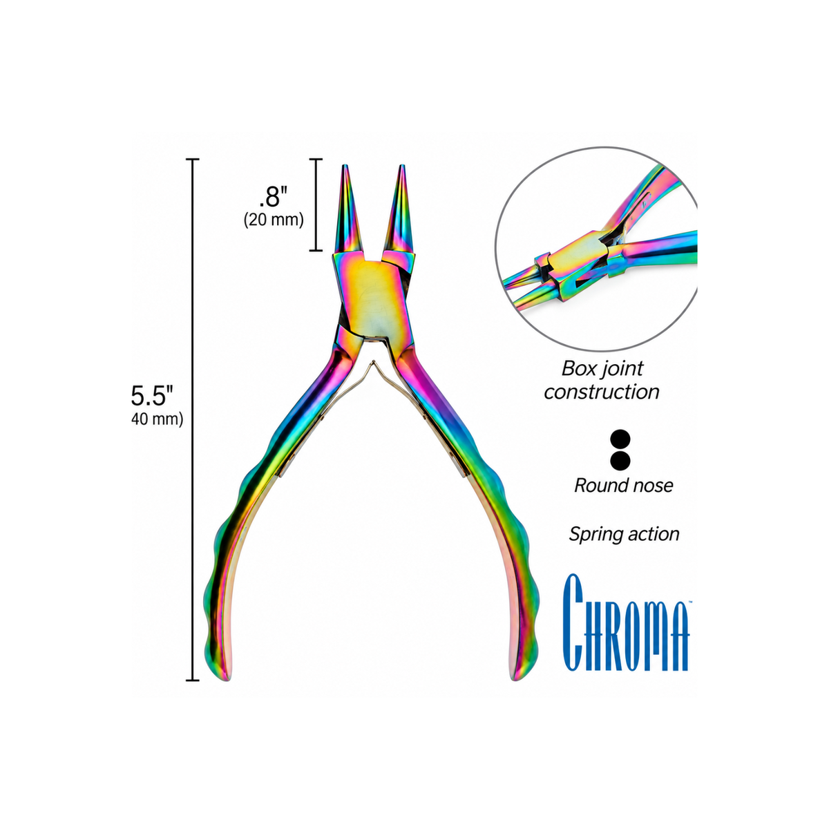Chroma Series Round Nose Pliers measuring 5.5 inches long with 0.8 inch jaws, box-joint construction and spring action