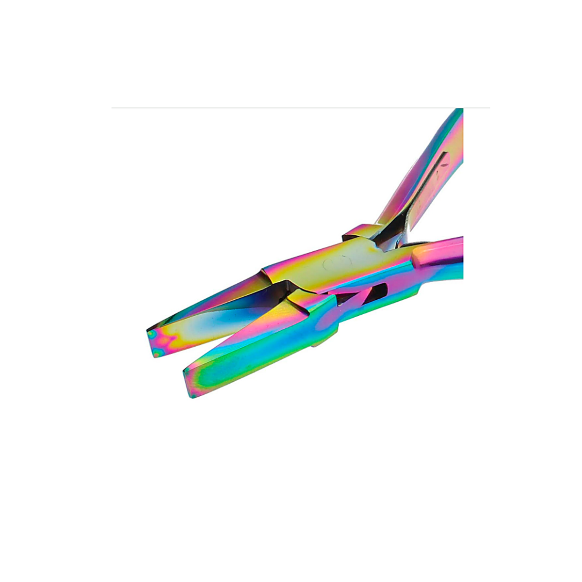 Close-up of Chroma Series Flat Nose Pliers showing smooth flat gripping jaws and rainbow titanium coating