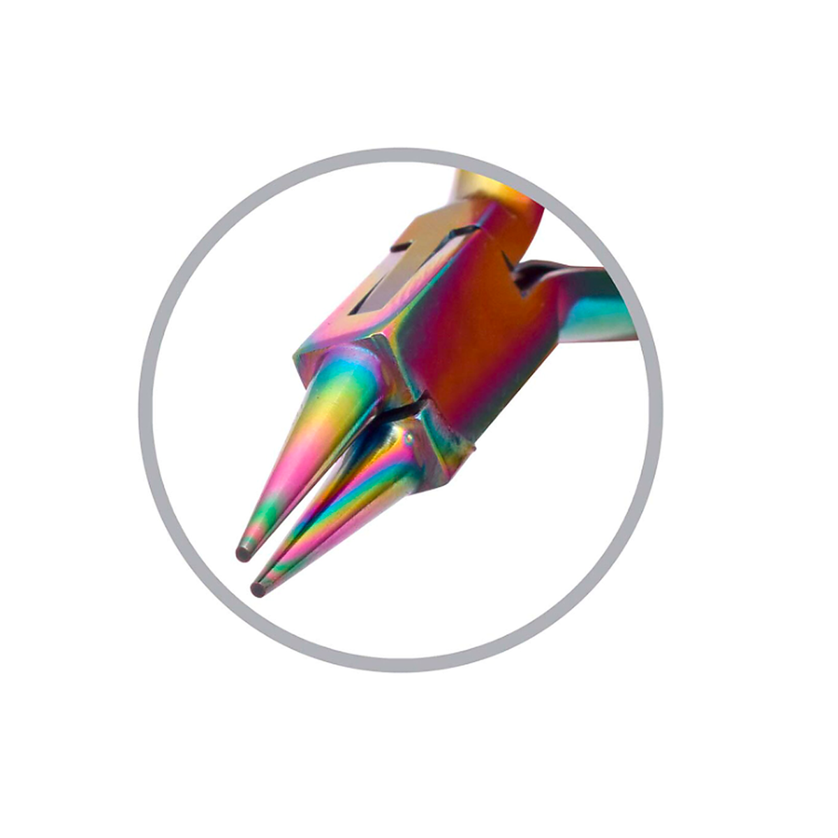 Close-up of Chroma Series Round Nose Pliers showing tapered rounded jaws and rainbow titanium coating