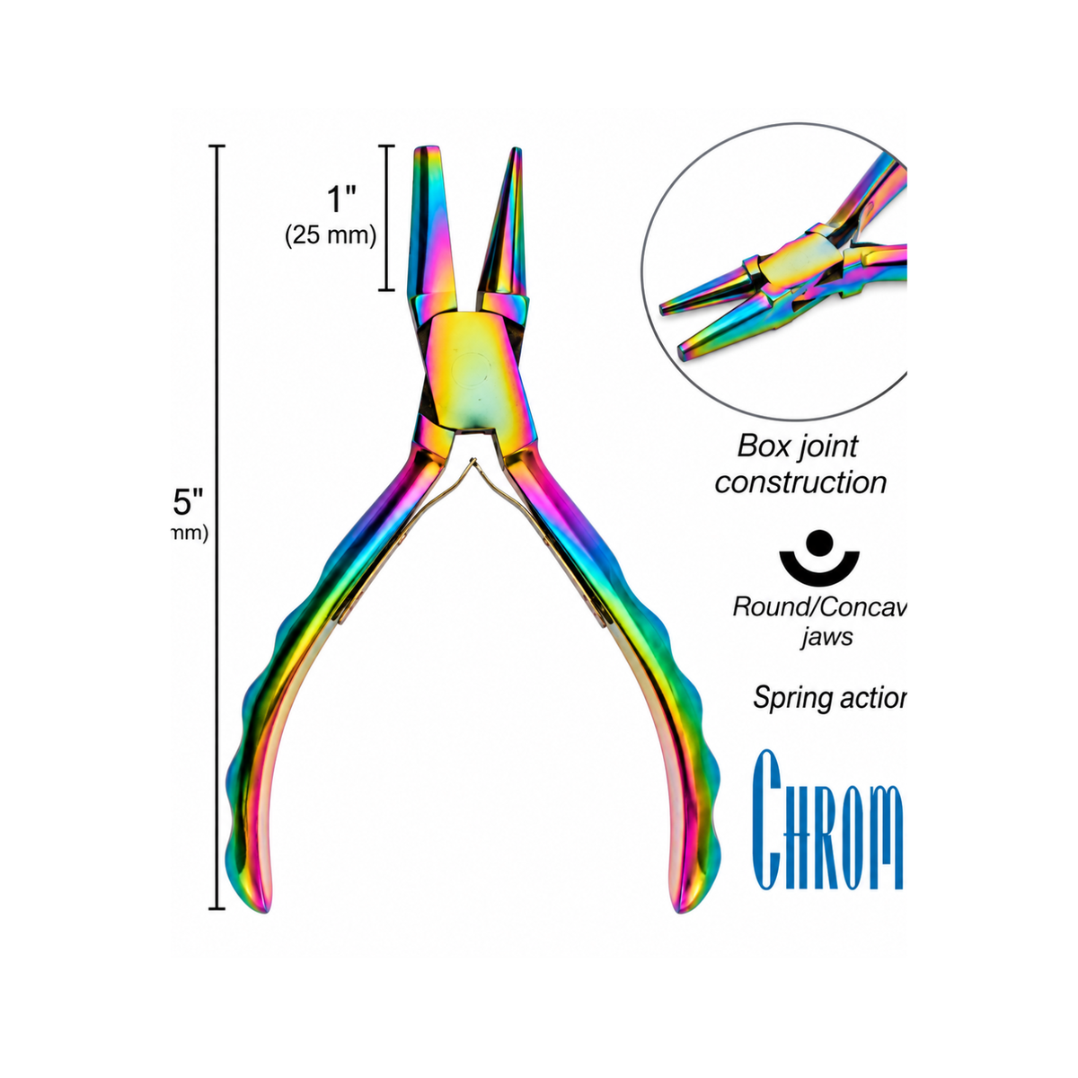 Chroma Series Round Concave Pliers measuring 5.5 inches long with 1 inch jaws, box-joint construction and spring action