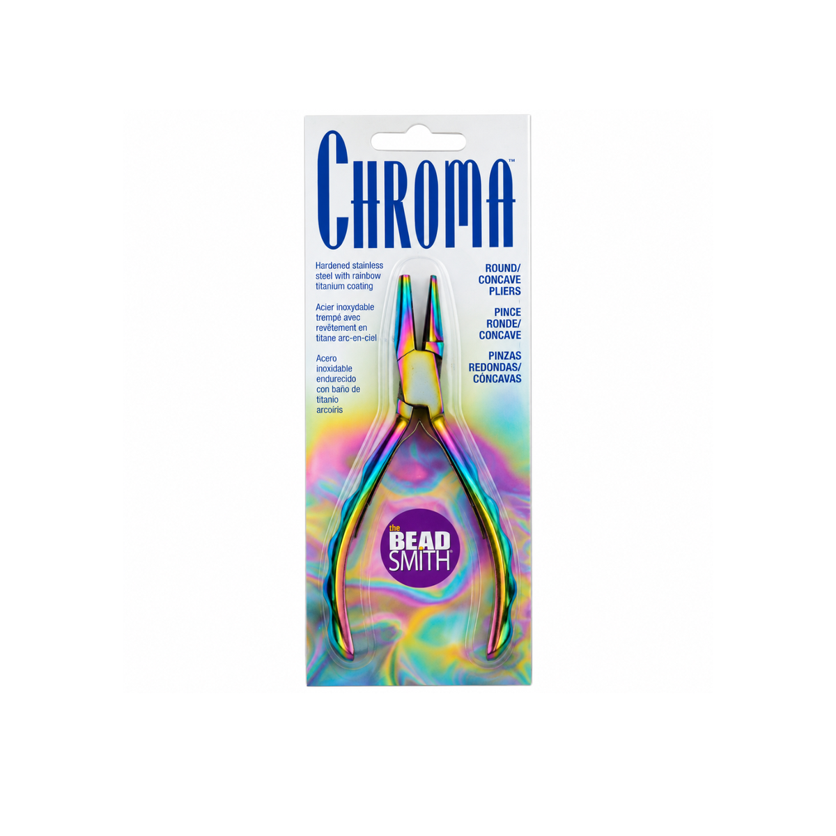 The Beadsmith Chroma Series Round Concave Pliers in original retail packaging with rainbow titanium finish